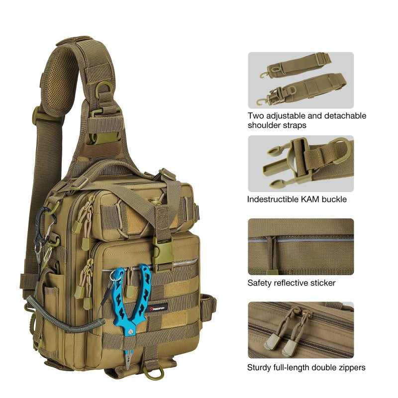 Piscifun Fishing Tackle Bag with Rod & Gear Holder, Lightweight Sling Bag Storge Gear and Equipment, Kaki - Image 3